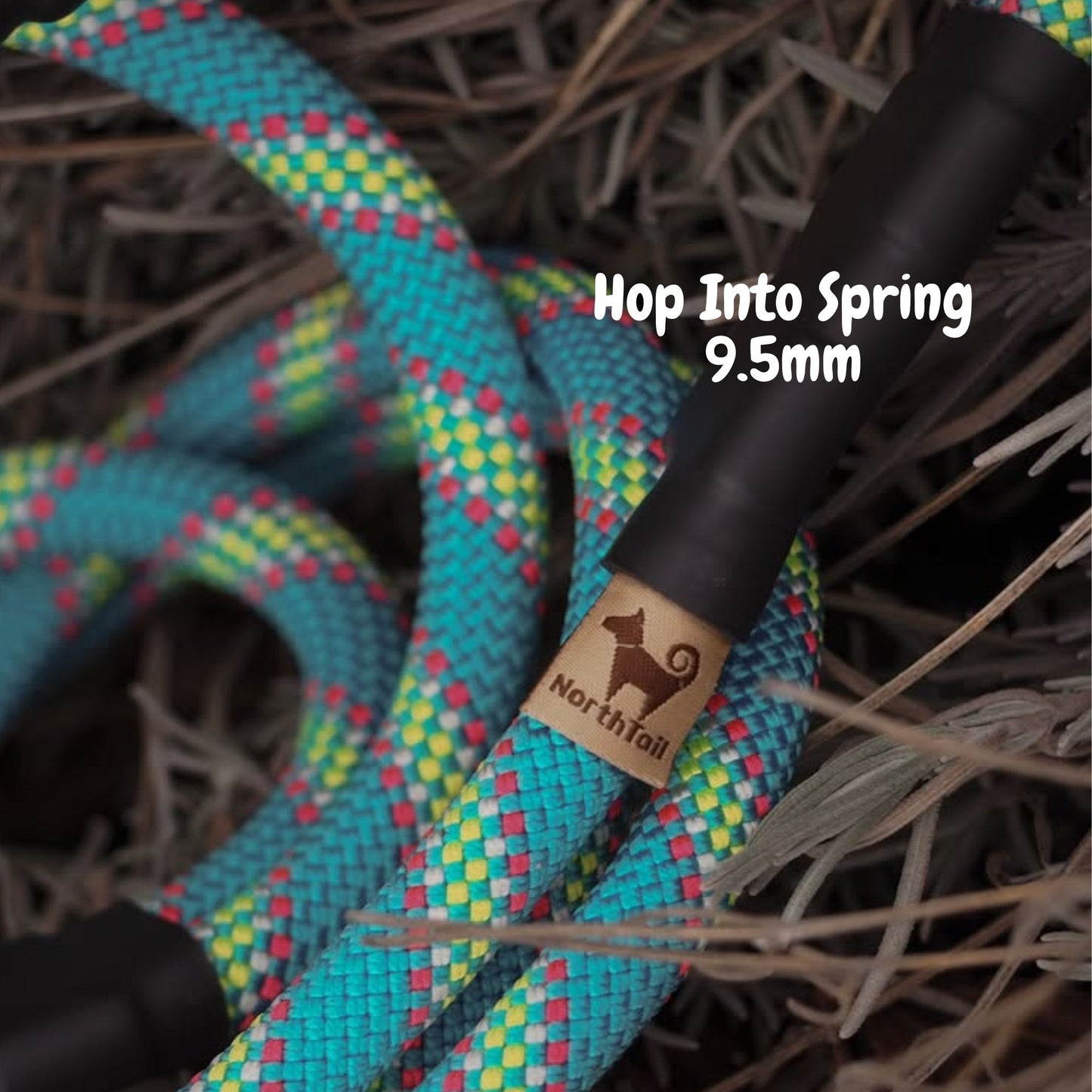 Hop Into Spring 9.5mm climbing rope slip collar by North Tail — handmade in Ontario using genuine UIAA certified rope in blue with hints of green, pink, and white. Durable, adjustable, and perfect for training or everyday walks with active dogs.