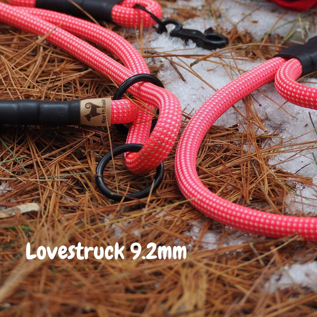 Lovestruck 9.2mm climbing rope dog leash and slip collar set by North Tail — handmade in Ontario using genuine UIAA certified rope in pink and red tones. Durable and secure gear designed for active dogs and everyday adventures.