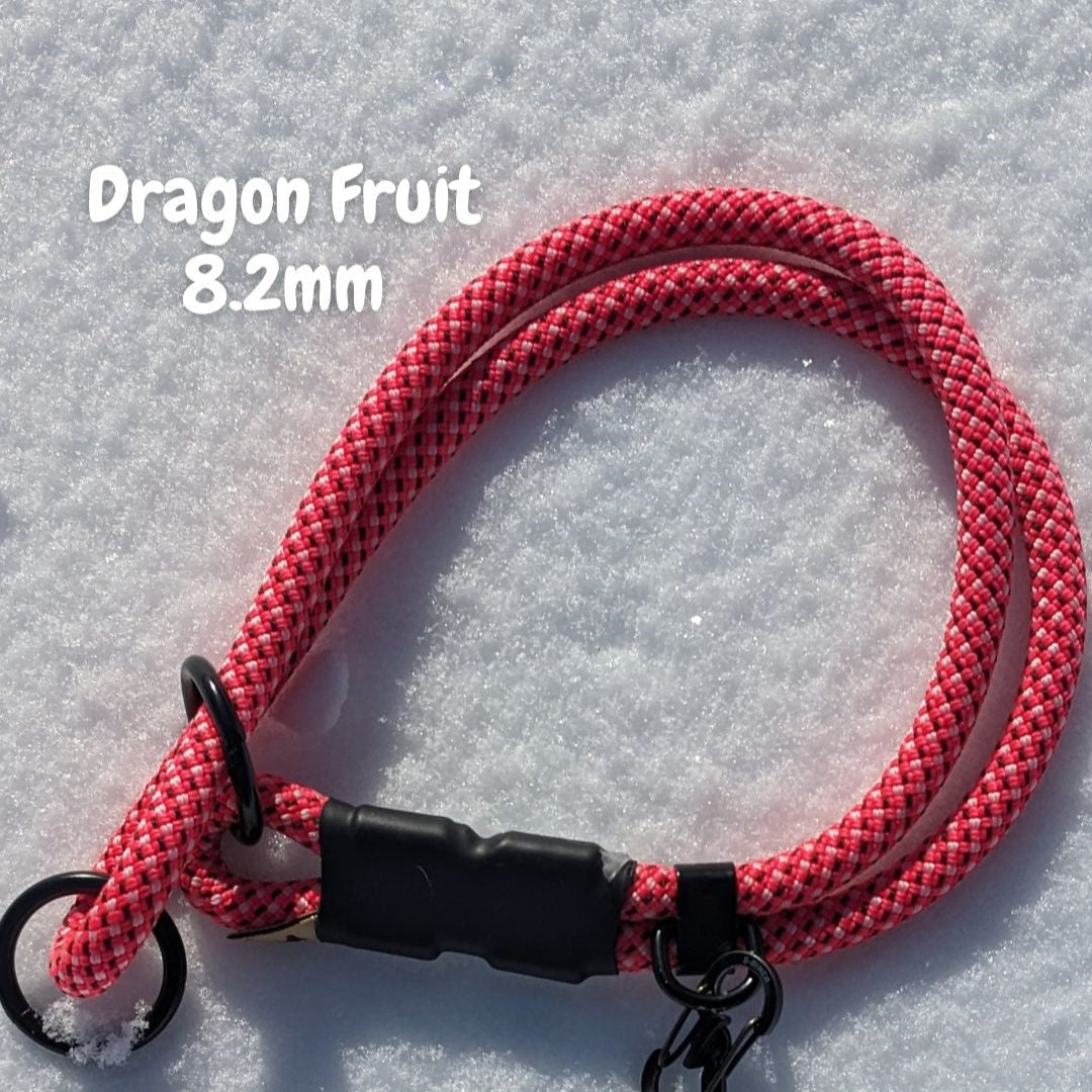 Pink climbing rope slip collar by North Tail — handmade in Ontario with genuine UIAA certified rope. Durable, adjustable, and ideal for training or everyday walks with active dogs.