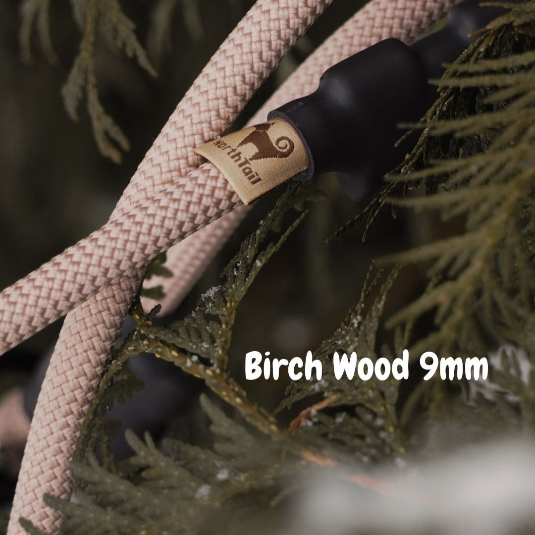 Birch Wood 9mm climbing rope dog leash by North Tail — handmade in Ontario using genuine UIAA certified rope in a neutral beige color. Durable and perfect for everyday walks and outdoor adventures.