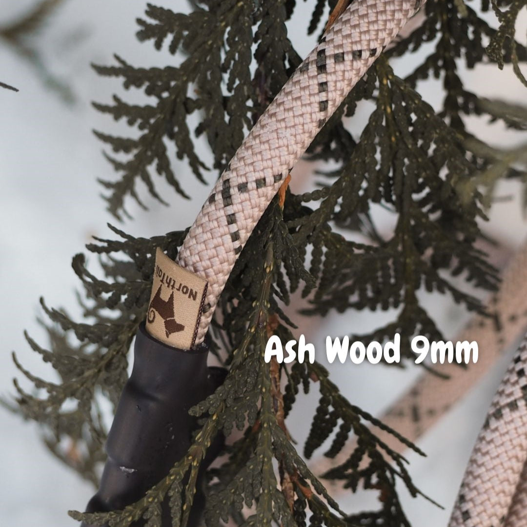 Ash Wood 9mm climbing rope dog leash by North Tail — handmade in Ontario using genuine UIAA certified rope in a neutral beige color. Durable and perfect for everyday walks and outdoor adventures.