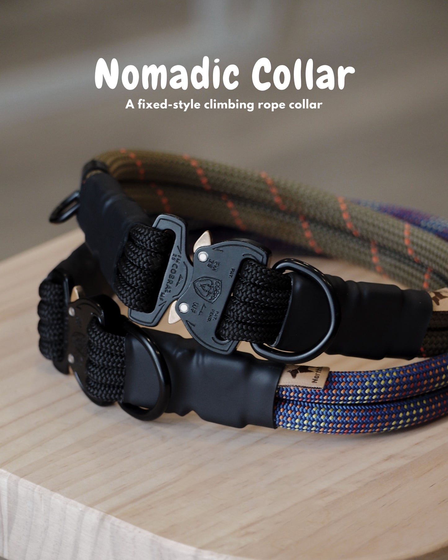 Military Green and Purple Nomadic fixed-style dog collar by North Tail, handmade in Ontario using genuine UIAA certified climbing rope and lightweight COBRA buckle. Durable, secure, and designed for active dogs on walks, hikes, or outdoor adventures.