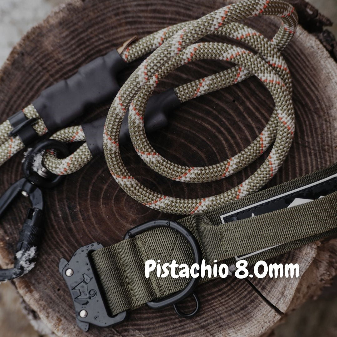 Pistachio 8.0mm climbing rope dog leash by North Tail laid beside a 1.5" heavy-duty buckle collar. Handmade in Ontario using genuine UIAA certified rope and durable hardware, designed for active dogs and everyday use.