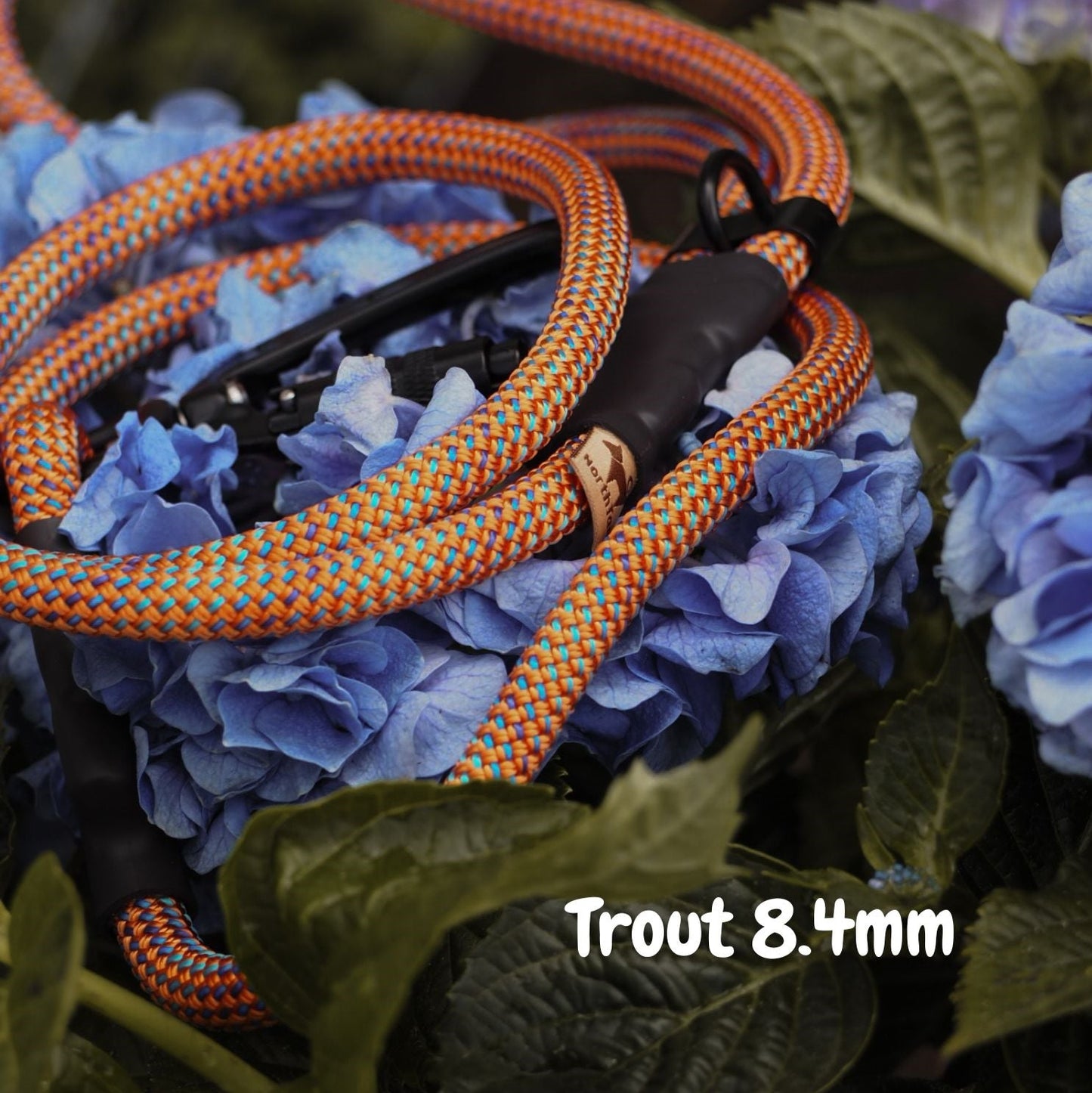 Trout 8.4mm climbing rope dog leash by North Tail — handmade in Ontario with genuine UIAA certified rope, featuring a unique pattern inspired by nature. Durable, secure, and perfect for daily walks and outdoor adventures.