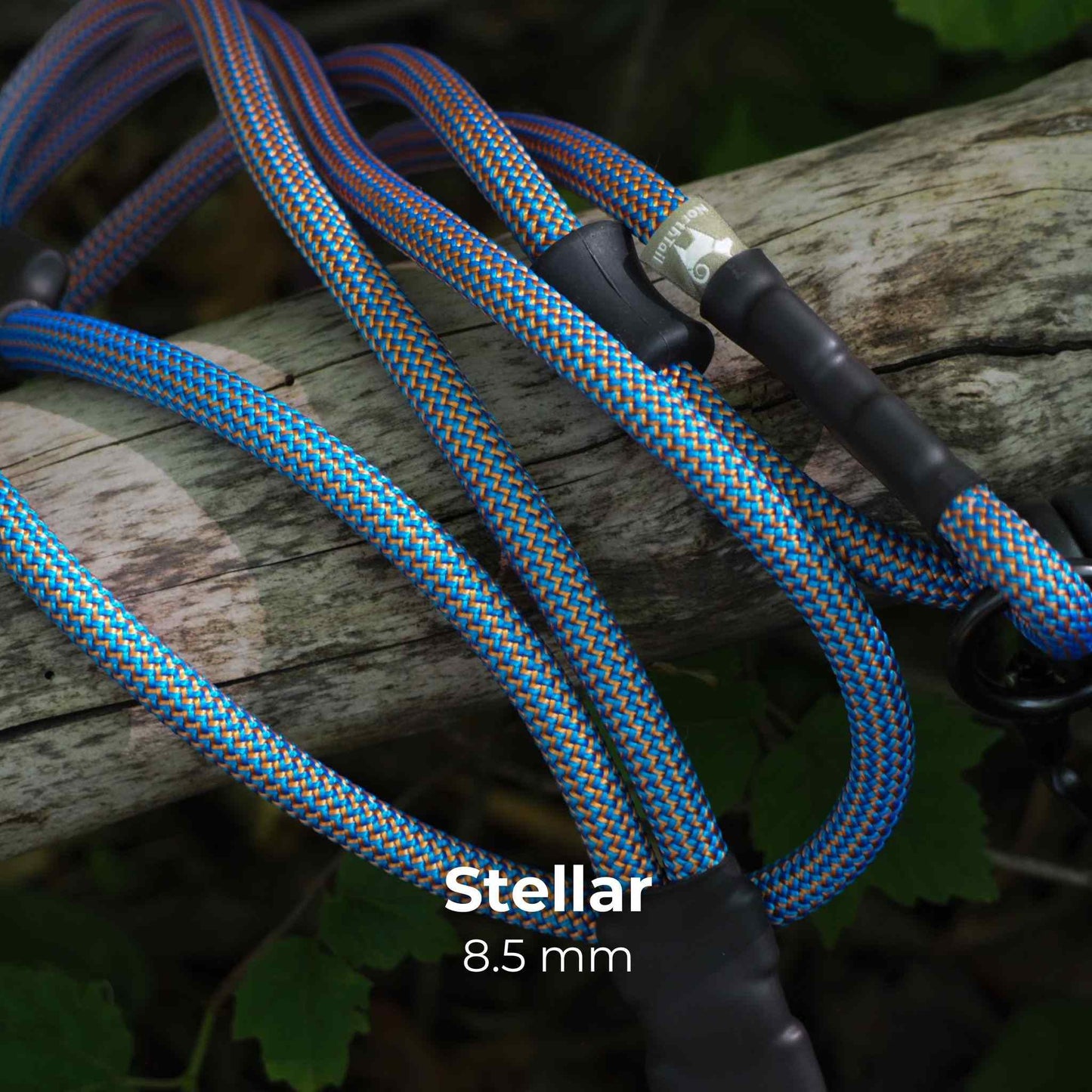 Stellar 8.5mm climbing rope dog leash by North Tail — handmade in Ontario using genuine UIAA certified rope in Blue and Orange. Durable and designed for active dogs and outdoor adventures.