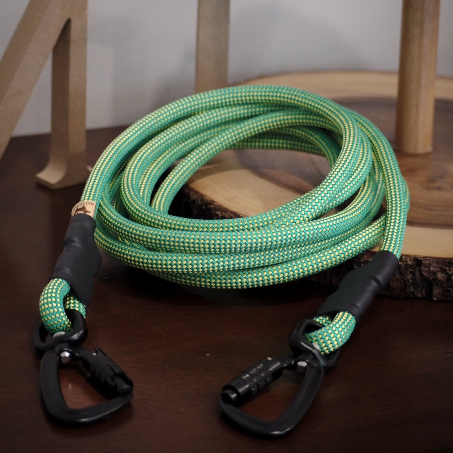 Green custom longline NT Connector Leash with carabiners on both ends, made from genuine UIAA certified climbing rope, designed for versatile hands-free walking, leash extension, and training.
