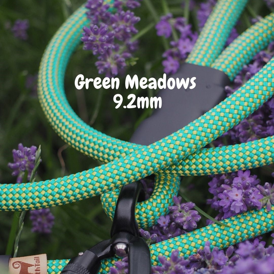 Green Meadows 9.2mm climbing rope dog leash by North Tail — handmade in Ontario with genuine UIAA certified rope and a swivel auto-locking carabiner. Durable and perfect for daily walks and outdoor adventures.