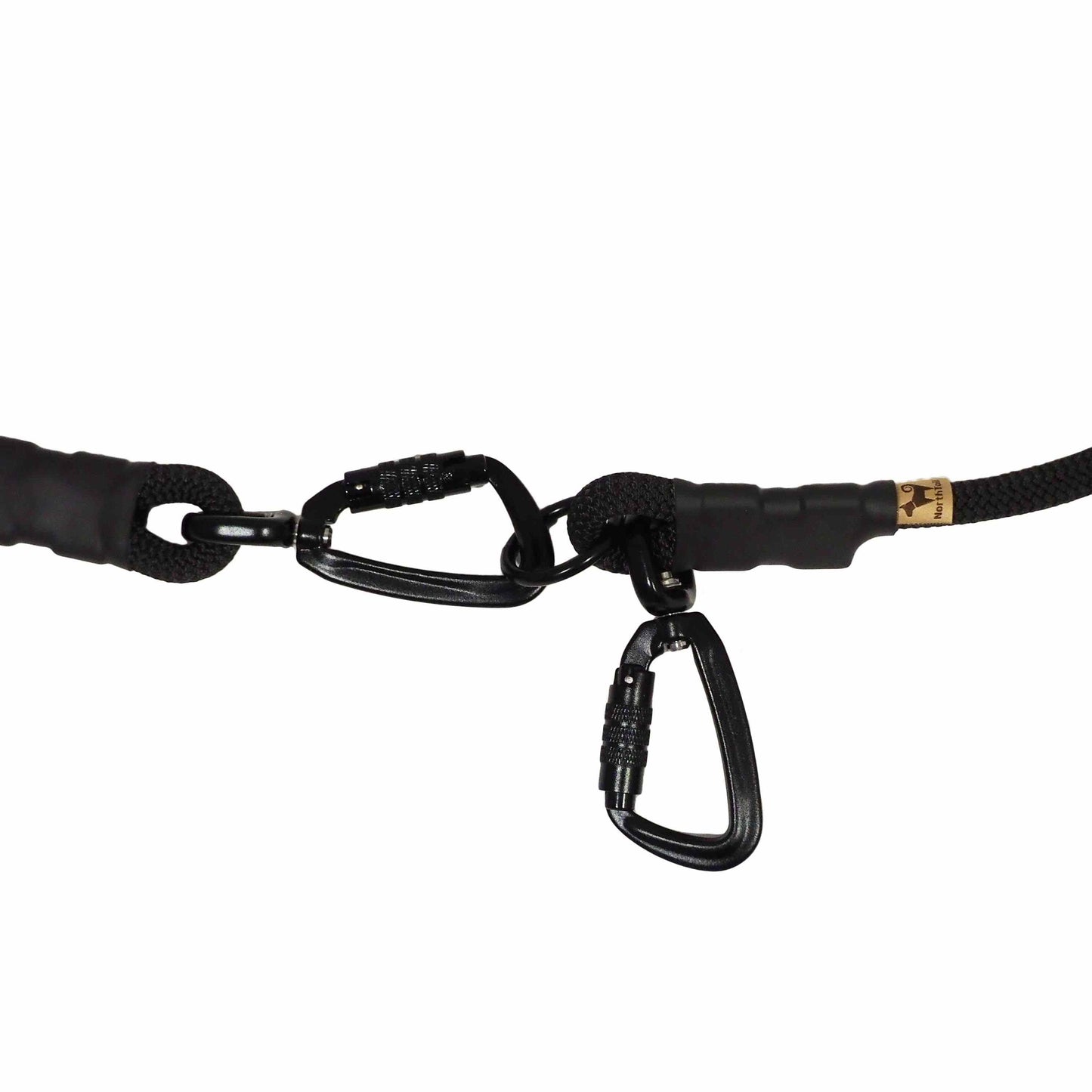 NT Fixed Hands-Free Belt by North Tail — handmade in Ontario using genuine UIAA certified climbing rope. Features a tangle-free, auto-locking carabiner weighing 27g. Designed for hands-free walks, leash attachment, and versatile use during daily walks, training, or outdoor adventures