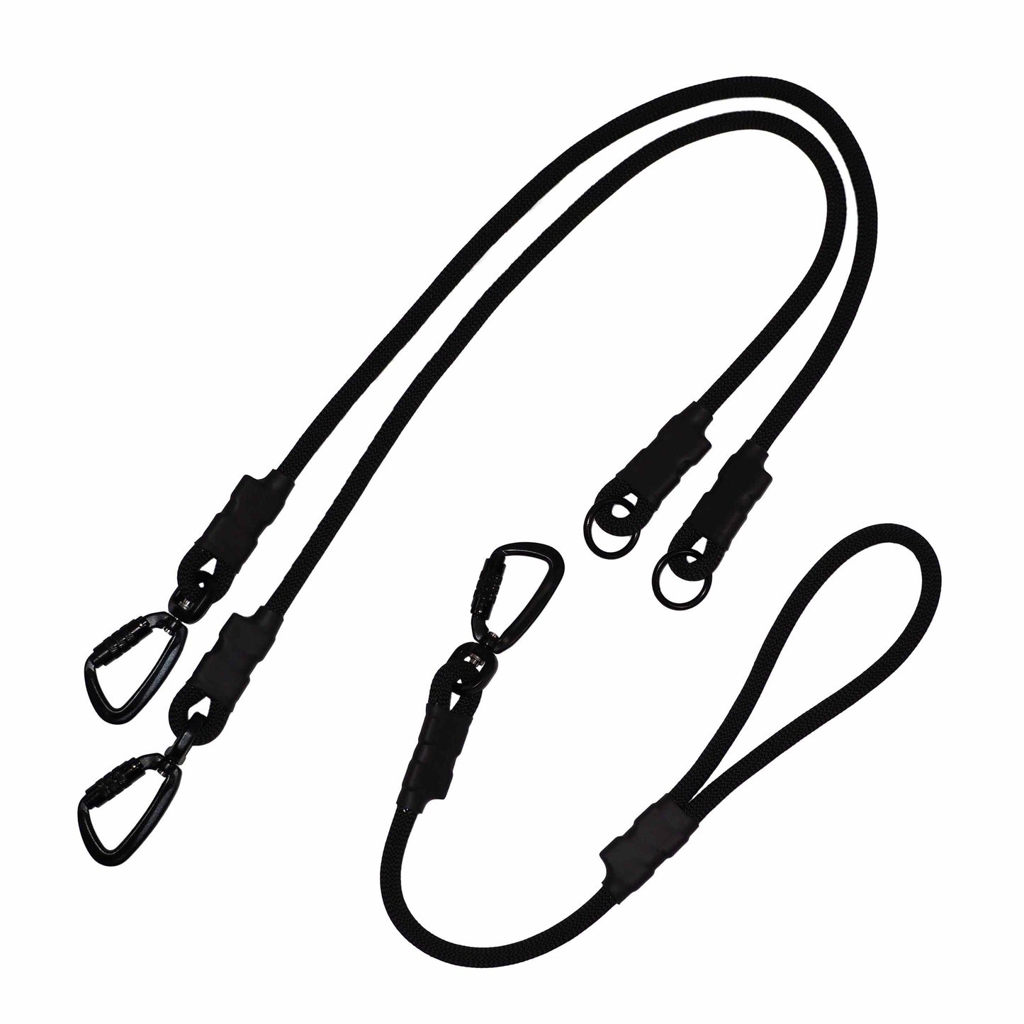 Double dog leash with detachable components, shown on white background. Includes a handle that functions as a leash, and two rope leads attached with auto-locking carabiners. Made with durable climbing rope in a minimalist, practical design.