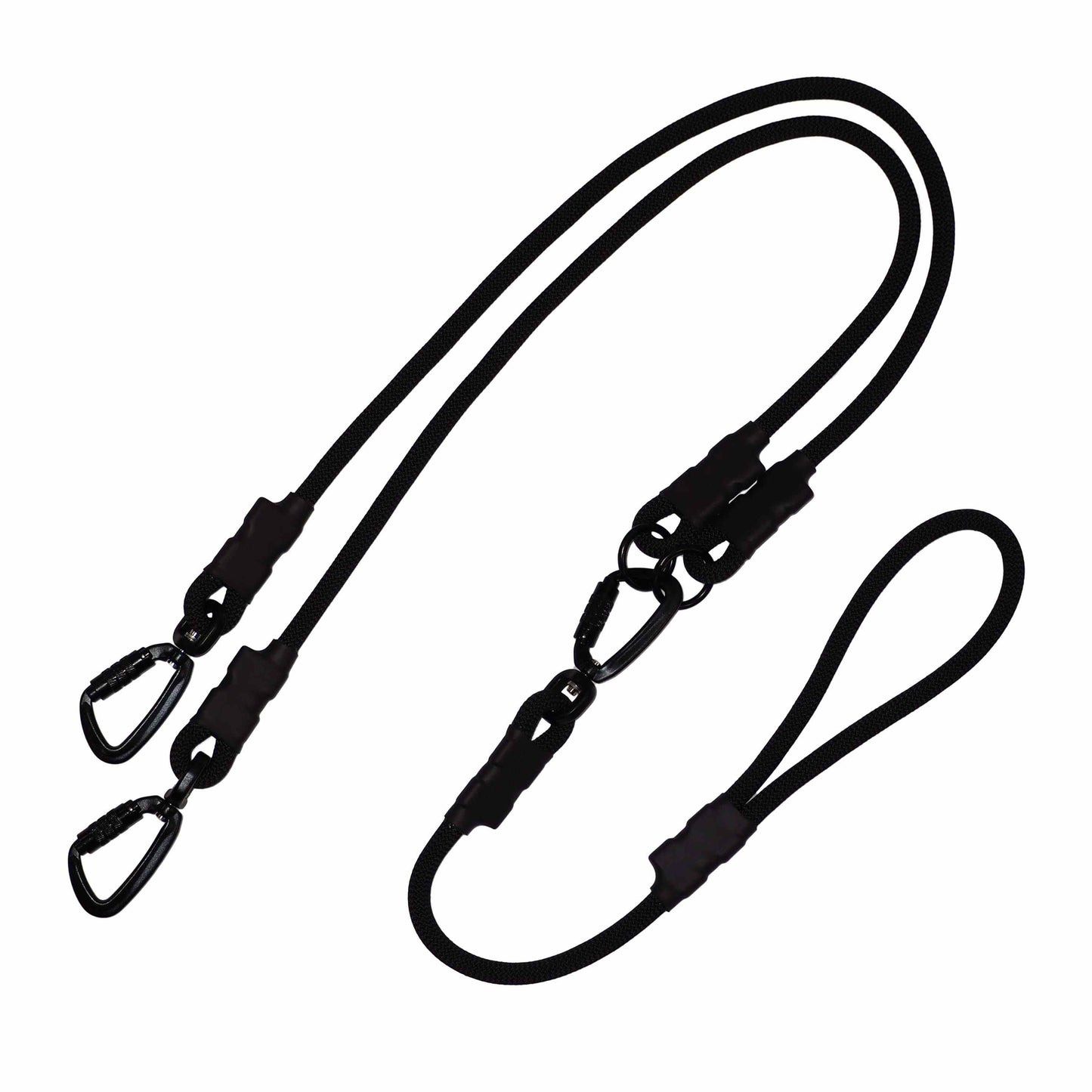 Double dog leash with detachable components, shown on white background. Includes a handle that functions as a leash, and two rope leads attached with auto-locking carabiners. Made with durable climbing rope in a minimalist, practical design.