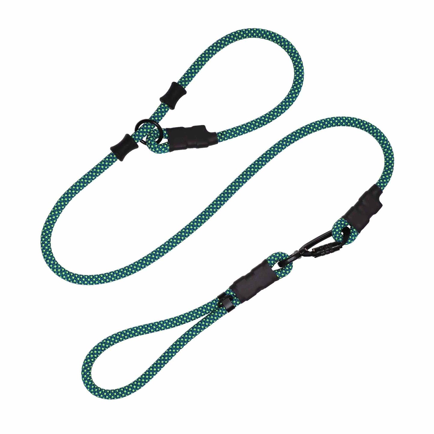 Image of The NT Ultimate Slip Lead fully extended, showing climbing rope material with attached detachable handle and rubber stoppers.