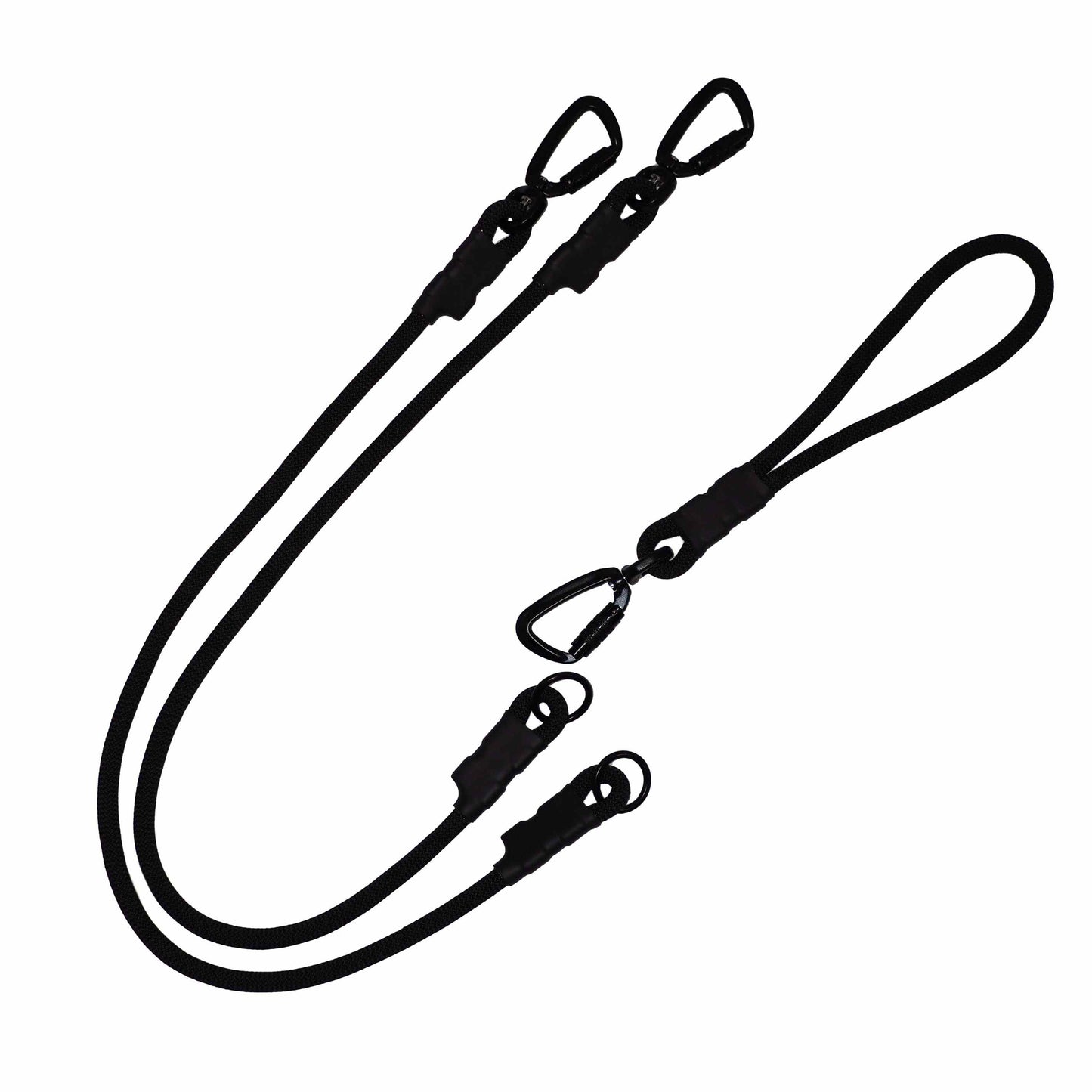 North Tail Double Leash Basic on a white background, featuring two climbing rope leads with metal carabiners and a detachable traffic handle.