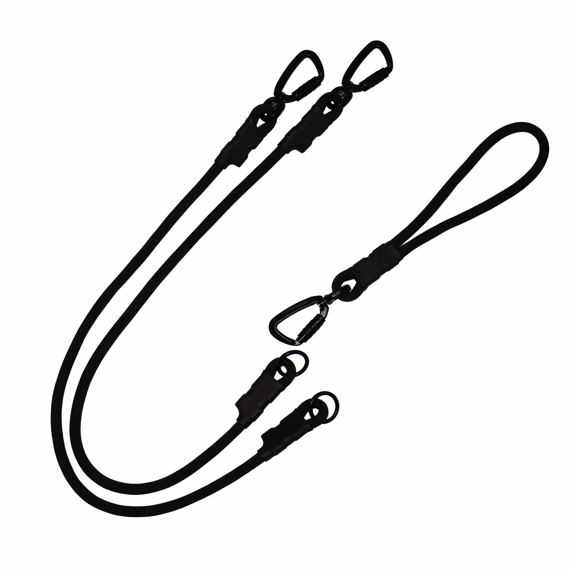North Tail Double Leash Basic on a white background, featuring two climbing rope leads with metal carabiners and a detachable traffic handle.
