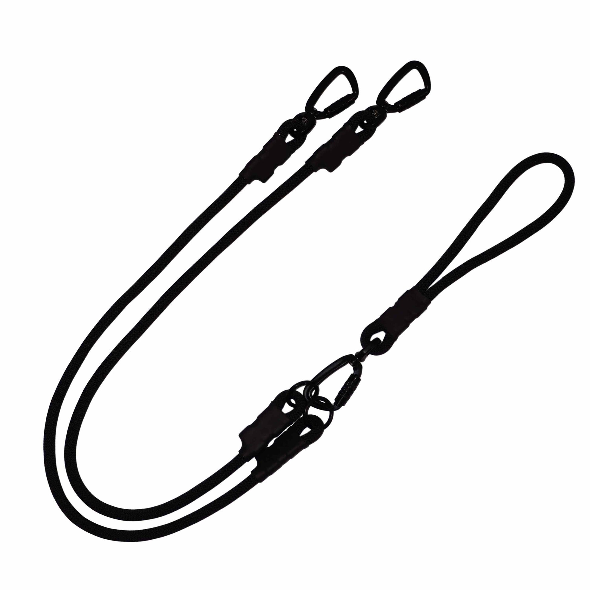 North Tail Double Leash Basic on a white background, featuring two climbing rope leads with metal carabiners and a detachable traffic handle.