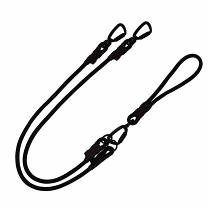 North Tail Double Leash Basic on a white background, featuring two climbing rope leads with metal carabiners and a detachable traffic handle.