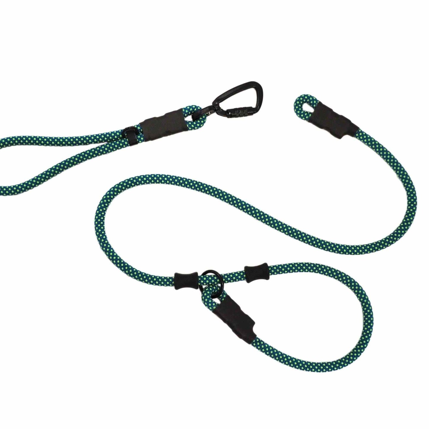 Image of The NT Ultimate Slip Lead fully extended, showing climbing rope material with attached detachable handle and rubber stoppers.